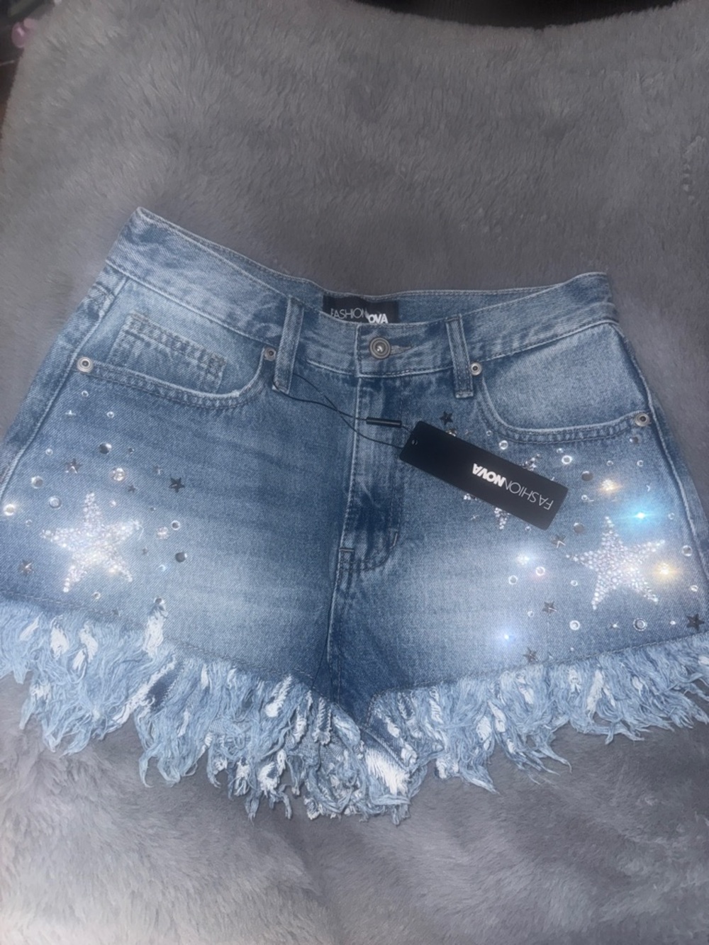 Fashion Nova Light Blue Star Sequin Frayed Denim Shorts